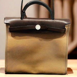 Hermes Etoupe Ebene Canvas And Natural Leather Herbag Zip PM Bag
